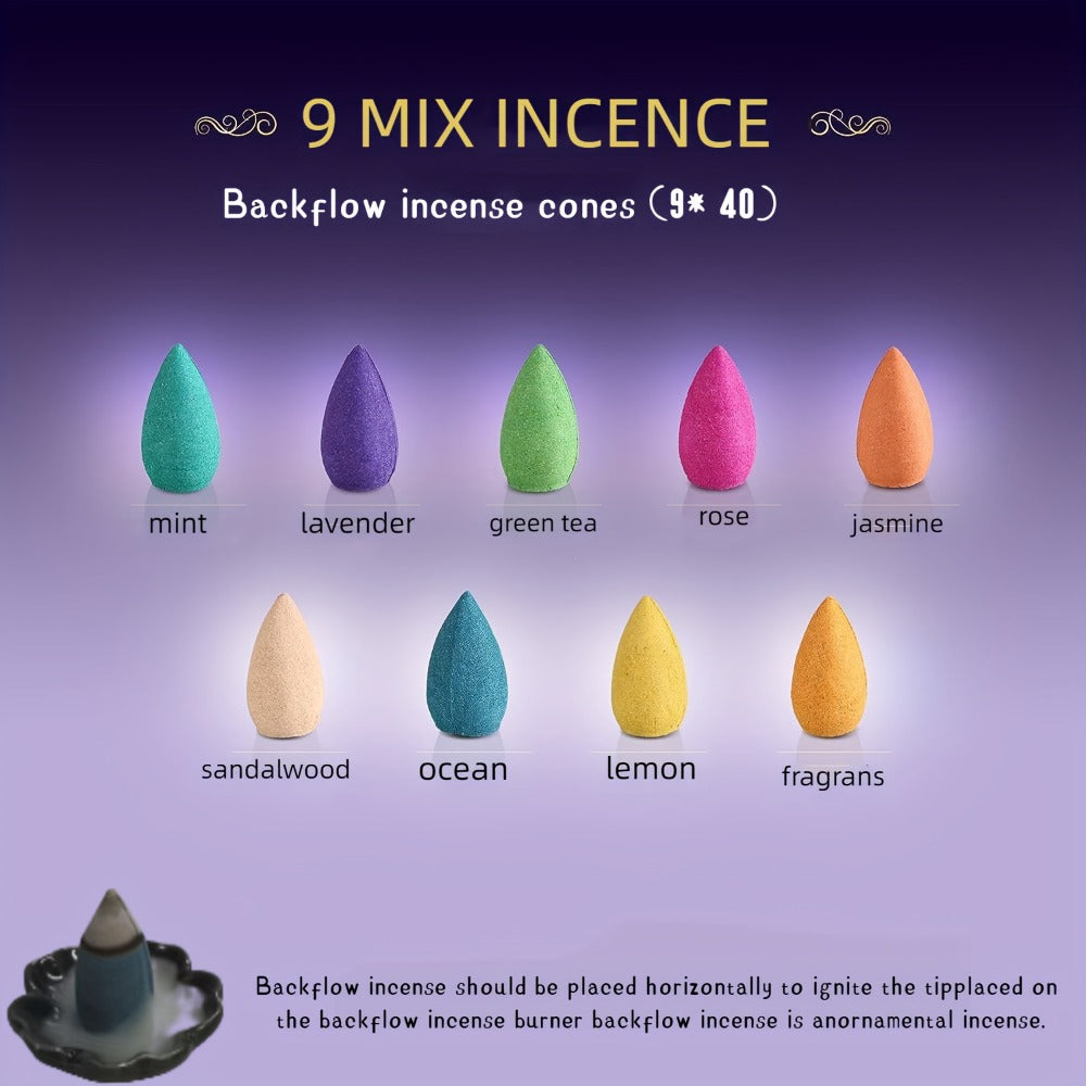 Backflow Incense Cones 360pcs Waterfall Smoke Effect Natural Scents Rose Jasmine Lavender Tulip for Incense Burner Meditation Yoga Gift