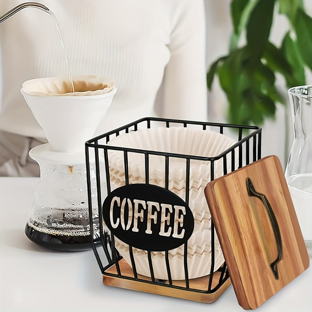 K-Cup Coffee Pod Holder Rack with Lid ¨C Large Capacity Black Metal Square Coffee Capsule Storage Organizer with Wooden Base, Modern Coffee Bar Countertop Decoration for Coffee Beans & Capsules ¨C Black