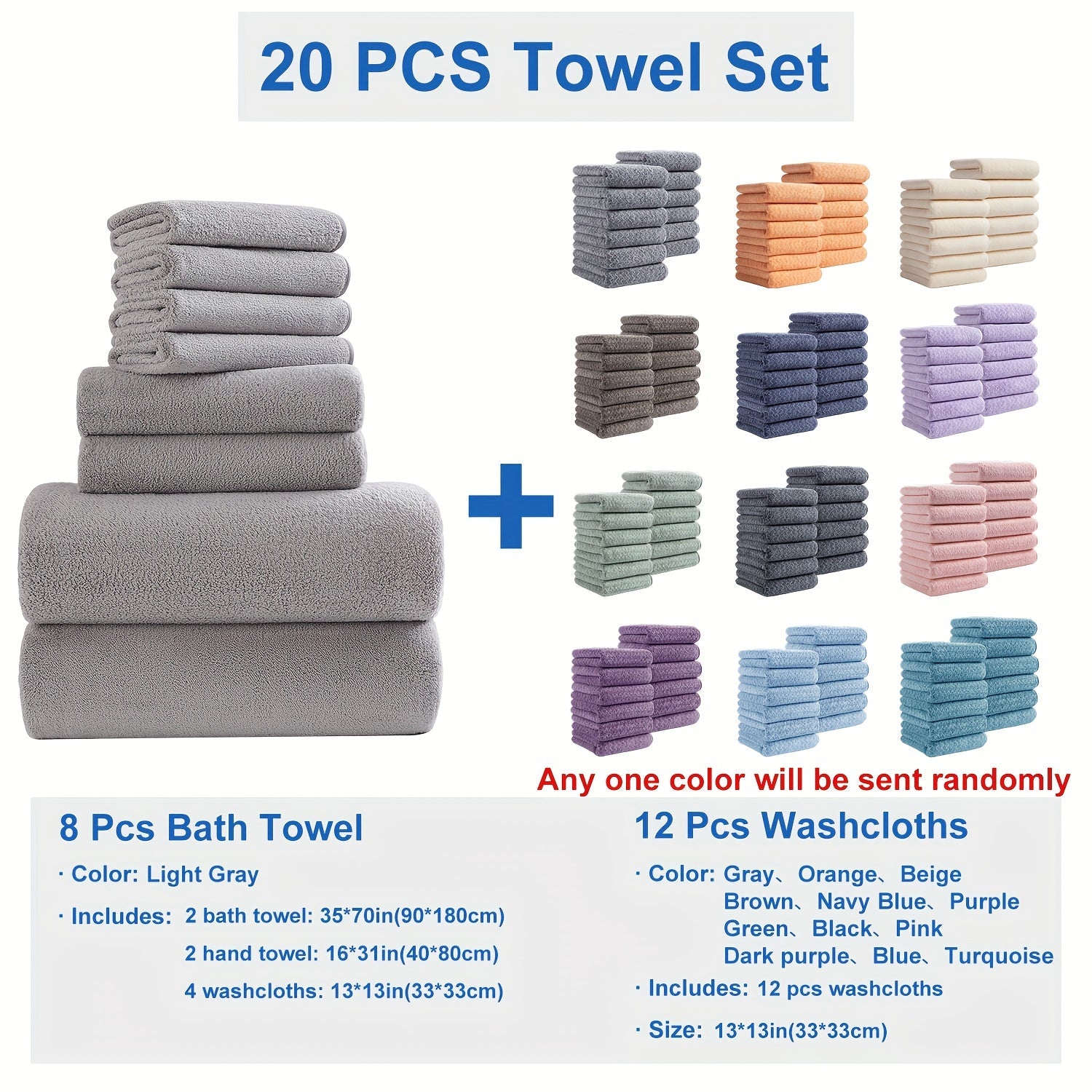 Bath Towel Set 20 Piece 100% Microfiber Absorbent Quick Dry Soft Extra Large Bath Sheets 8 Bath Towels 12 Washcloths Home Bathroom Spa Gift White Beige Gray Blue Green Purple