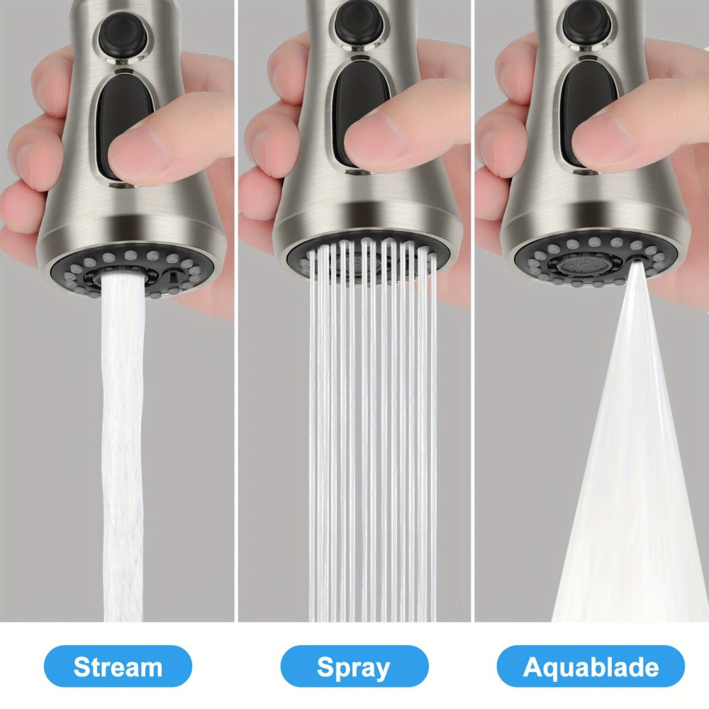 Kitchen Faucet Sprayer Head 3 Function Pull Down Replacement with 9 Adapter Kit Stream Spray Aquablade for Moen American Standard Pull Out Sink Nozzle Brushed Nickel ABS G1/2