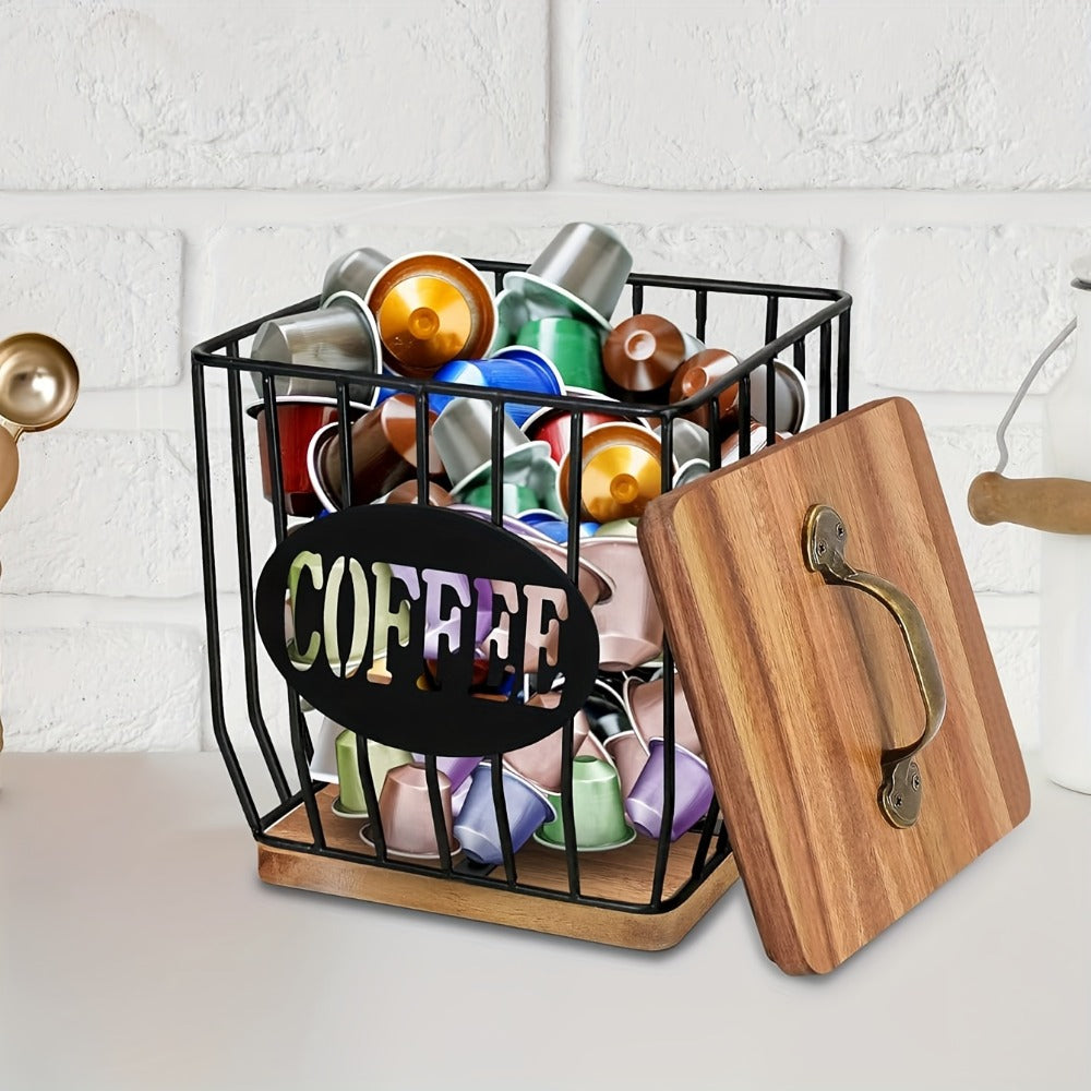 K-Cup Coffee Pod Holder Rack with Lid ¨C Large Capacity Black Metal Square Coffee Capsule Storage Organizer with Wooden Base, Modern Coffee Bar Countertop Decoration for Coffee Beans & Capsules ¨C Black