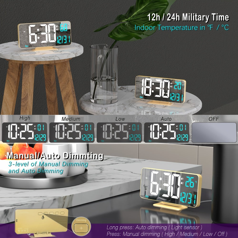 Large Digital Alarm Clock 6.7¡± with Dual Alarm & Dimmable LED Display ¨C USB Powered Desk Clock with Temperature, Date & Day of Week | Modern Golden Bedside Clock for Bedroom, Living Room & Office