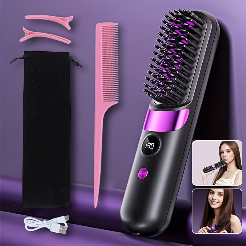 Wireless Hair Straightener Comb USB Rechargeable | Cordless Straightening Brush with Negative Ion, 3-Speed Temp Control, LED Display ¨C Travel Hair Styler