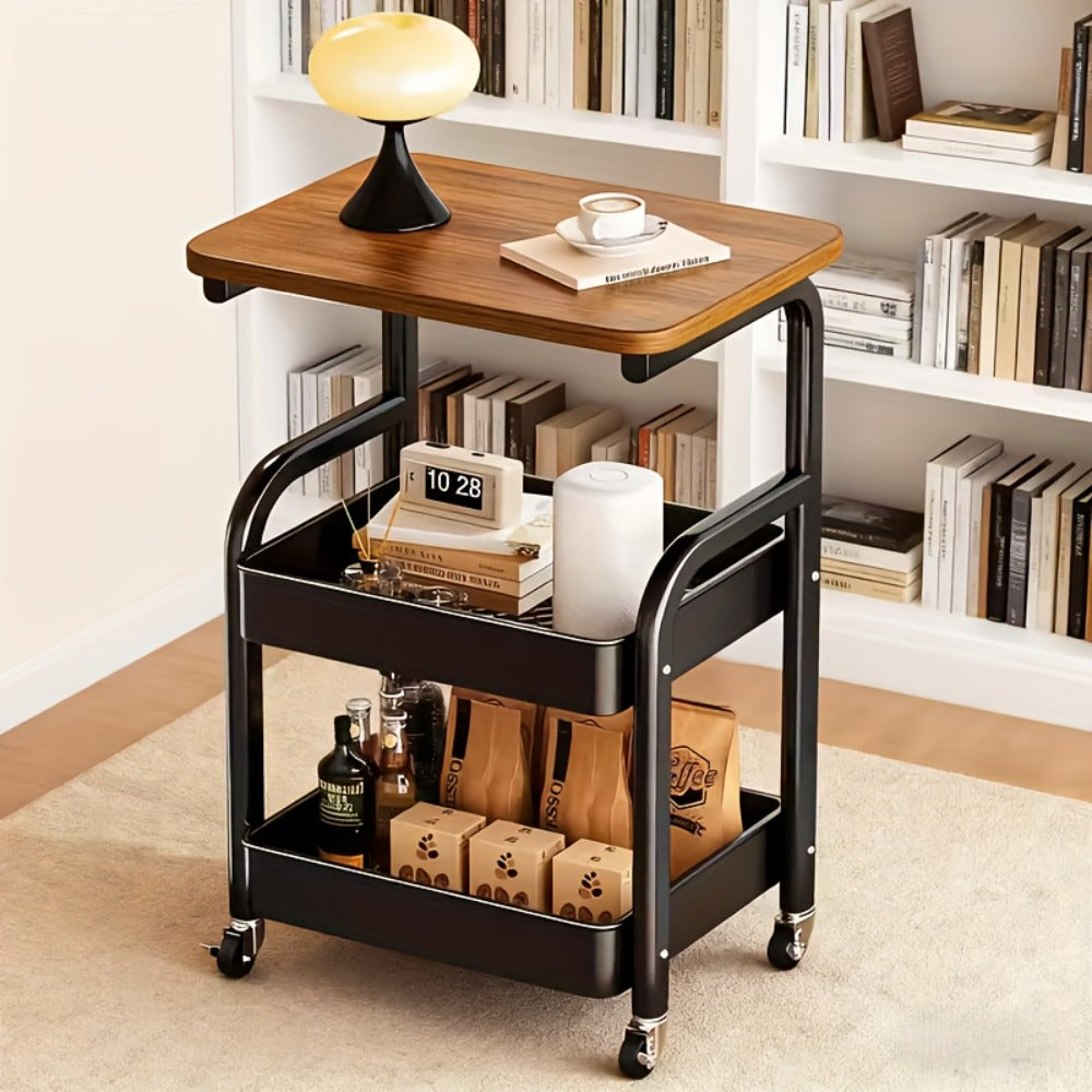 Storage Trolley with Wheels 3-Tier Wooden Tabletop Rolling Cart - Reinforced Black Metal Frame, Locking Casters, Multi-Use Organizer for Kitchen, Office, Bedroom & Living Room, Easy Assembly Printer Stand