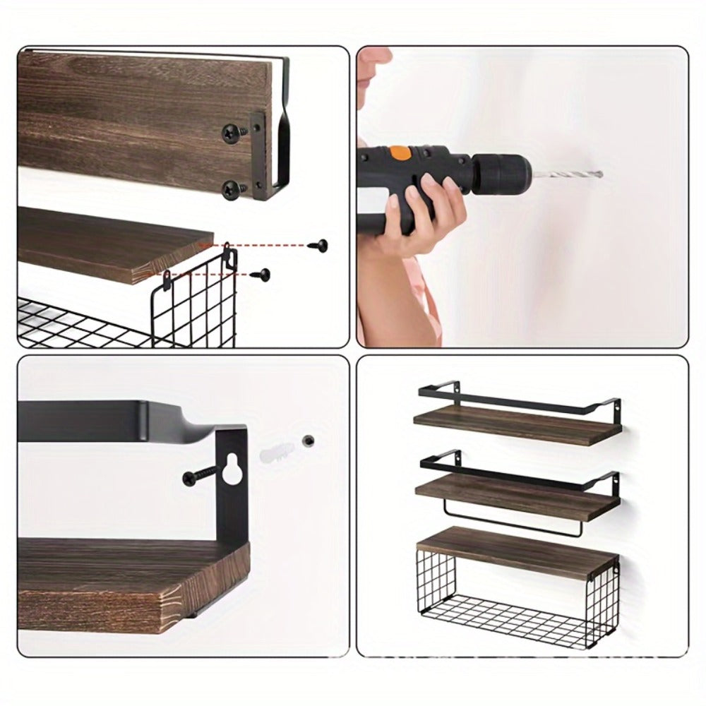 Floating Wall Shelves Set of 2 or 4 Rustic Wood and Iron Wall Mounted Shelf for Living Room Bedroom Kitchen Bathroom, Farmhouse Industrial Hanging Display Shelf for Plants Books Candles Decor