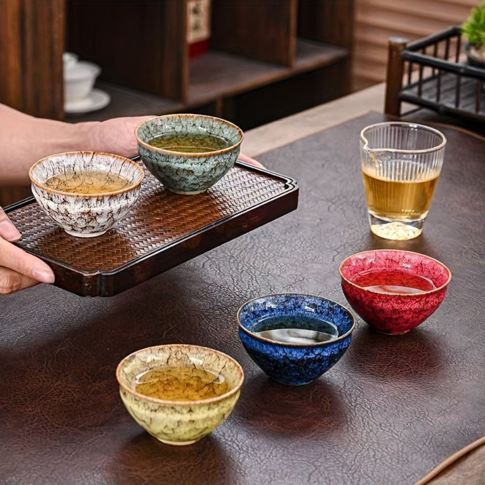 Kung Fu Tea Cups Set of 5 ¨C Handmade Kiln-Fired Jianzhan Ceramic Teacups ¨C Five-Element Design in 5 Colors with Gift Box ¨C Elegant Chinese Tea Ceremony Cup Gift for Business, Friends & Family