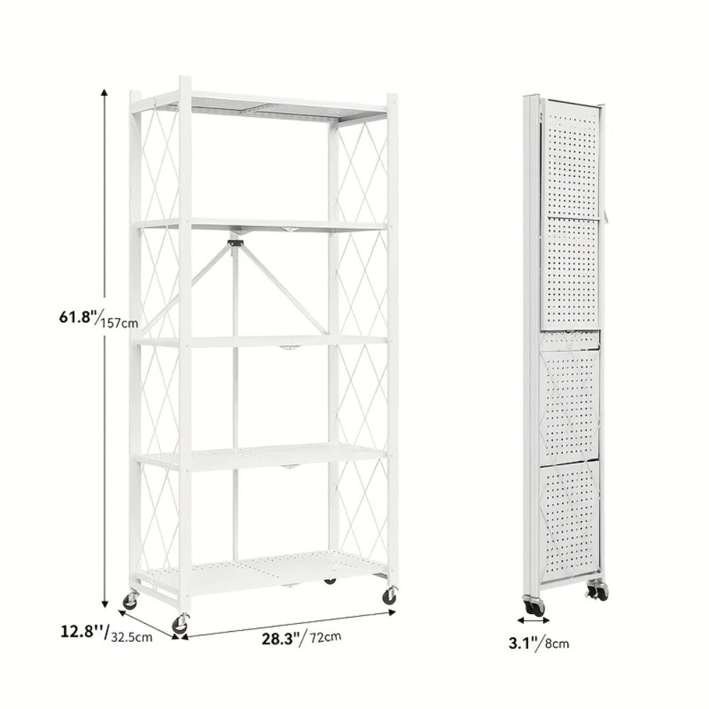 Storage Rack 3-5 Tier Foldable Shelving Unit with Wheels - Portable Multi-Layer Floor Standing Utility Shelf Organizer for Bedroom Closet Kitchen Office Black White