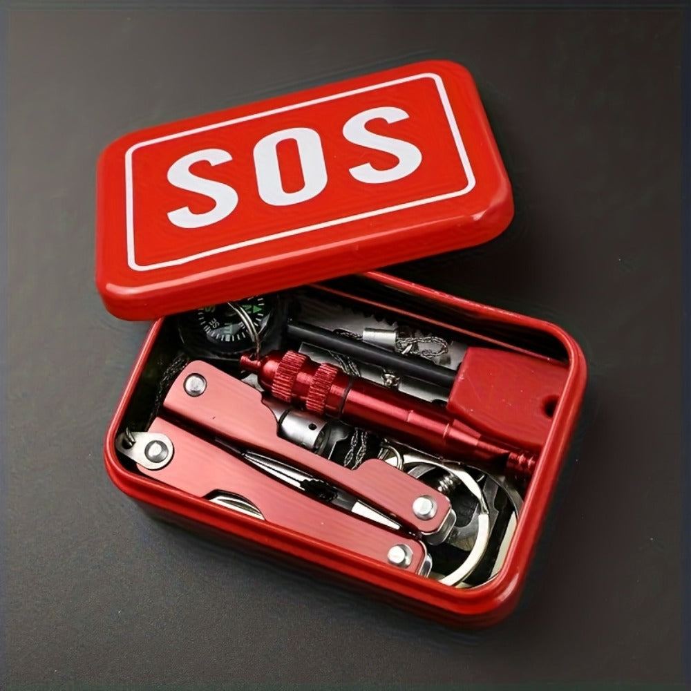 Outdoor Survival Gear Kit 6pcs SOS Emergency Set with Multi-Tool Whistle Compass Fire Starter Paracord Compact Wilderness Survival Tool Kit for Camping Hiking Backpacking Hunting Adventure Red