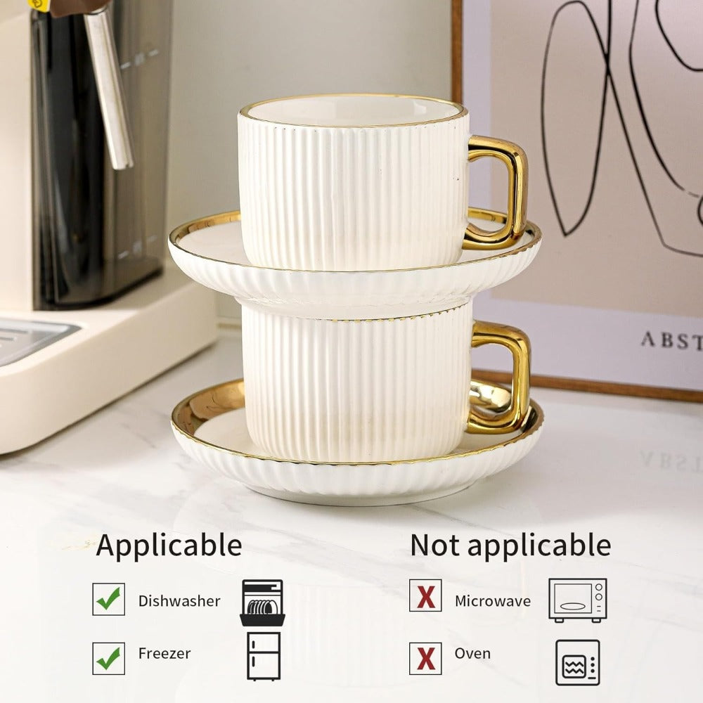 Ceramic Cappuccino Cups with Saucers Set of 6 ¨C 8oz Coffee Mugs with Golden Trim, Latte Art Cups for Espresso Mocha, British Italian Style Caf¨¦ Cups and Saucer Sets for Home Kitchen