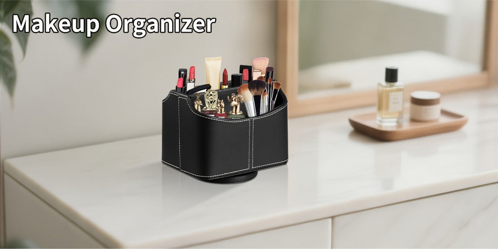 360¡ã Swivel Remote Control Holder with 5 Compartments ¨C PU Leather Desktop Organizer Caddy for TV Remotes, Phones, Glasses, Cosmetics & Stationery, Rotating Storage Box for Home Office Nightstand