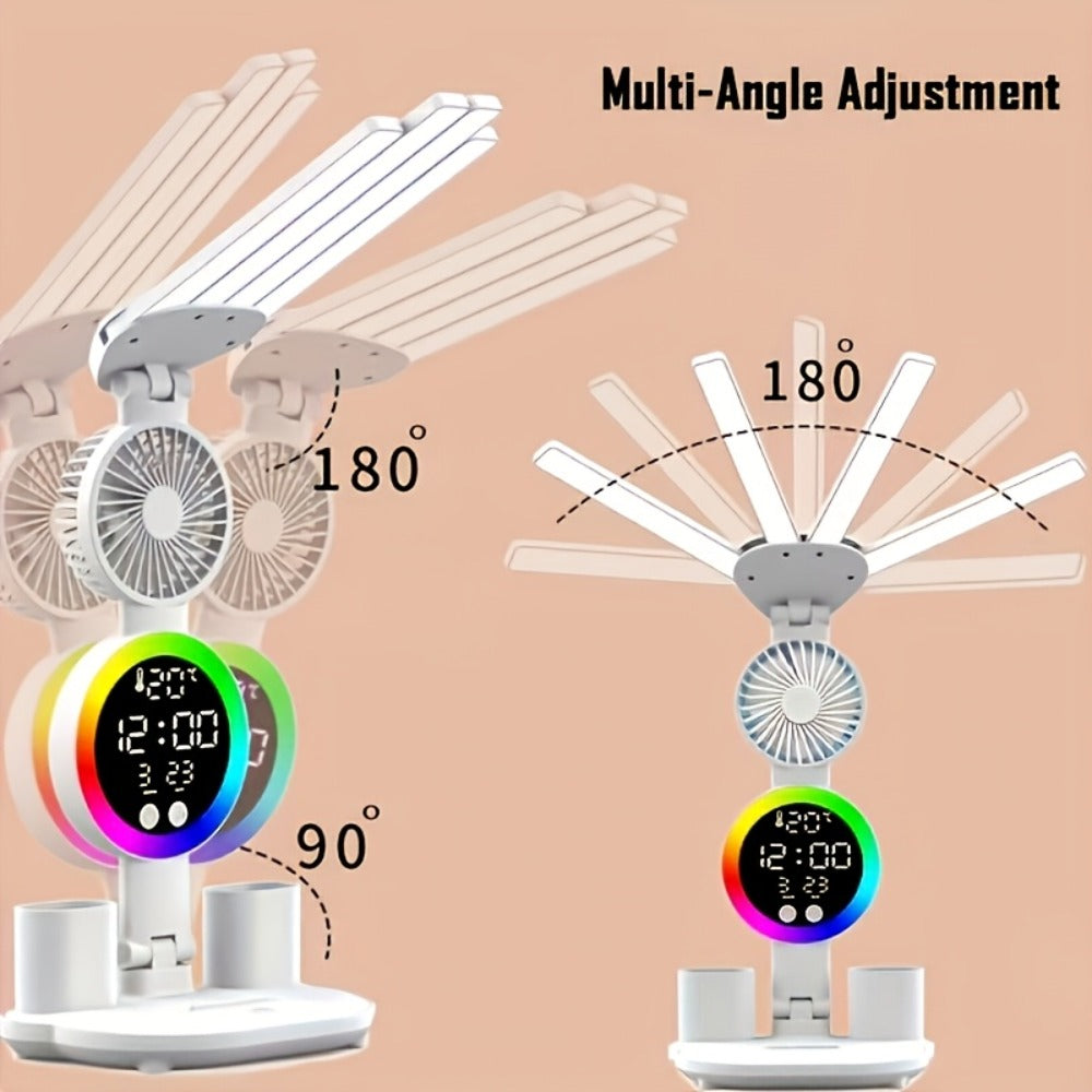 LED Desk Lamp with Built-in Fan & Touch Control | Dual Head Adjustable | USB Charging | 3 Color Modes Dimmable | Smart Display Clock | Eye-Caring Reading Lamp for Home Office Dorm Study