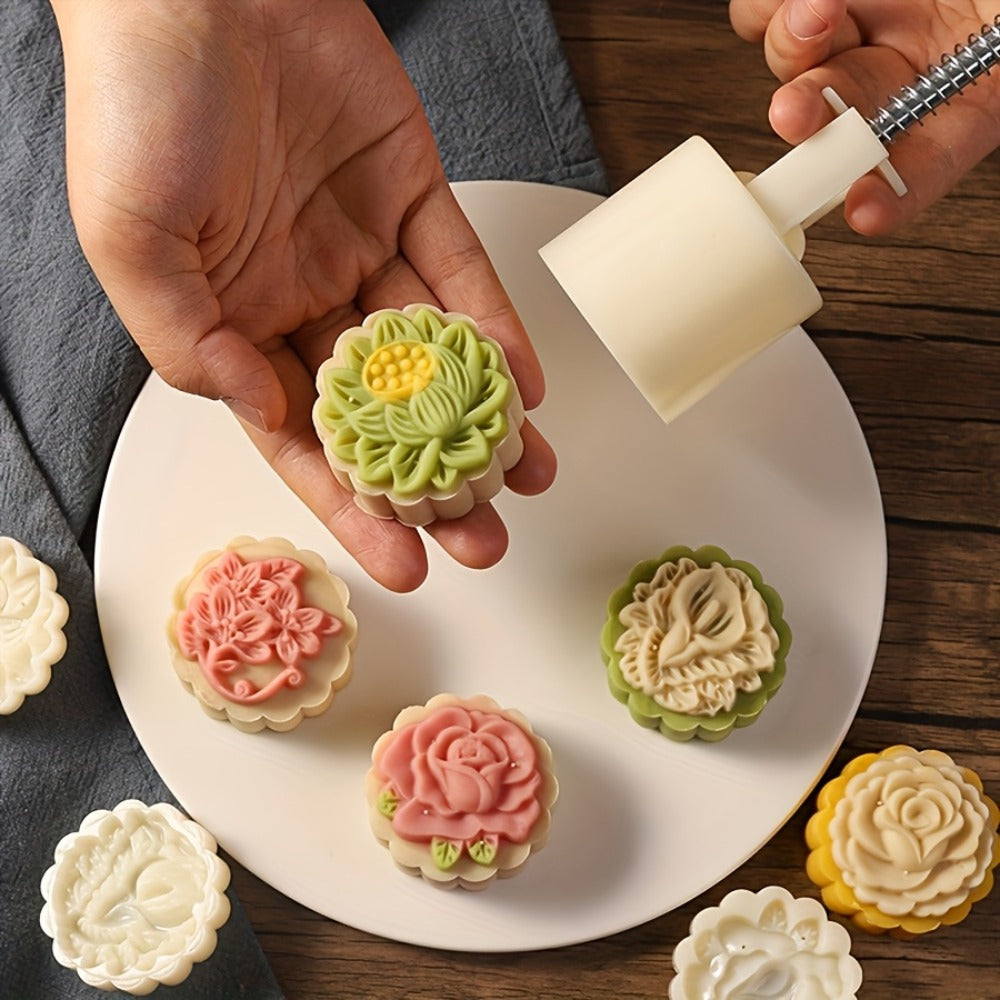 Mooncake Mold 7pcs Set, 50g Hand Press Moon Cake Maker with 6 Flower Pattern Stamps, Mid-Autumn Festival Cookie Stamp Pastry Tool, Plastic Mooncake Press Mold for DIY Baking
