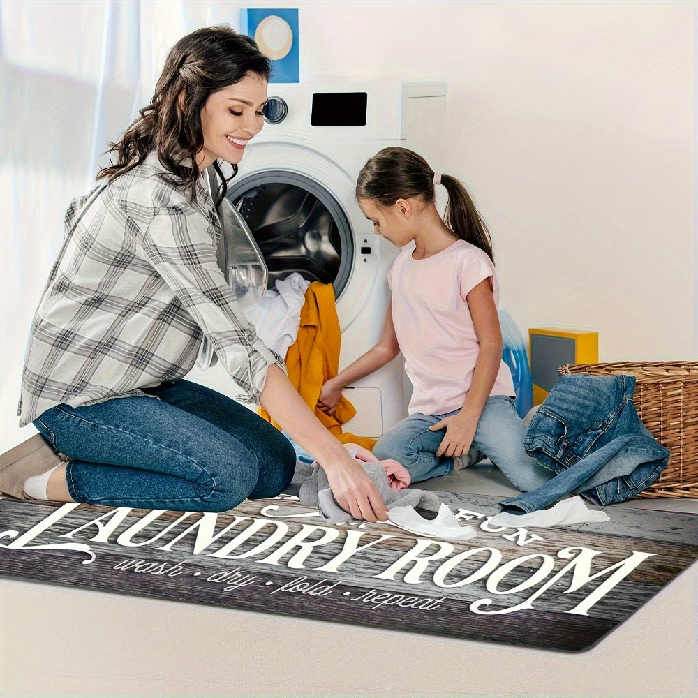 Non-Slip Laundry Room Mat Wood Grain Design - Heavy Duty Washable Rubber Backing Carpet | Rustic Dark Brown & Gray Kitchen Bathroom Rug | Durable Easy Clean Home Floor Mat in 2 Sizes