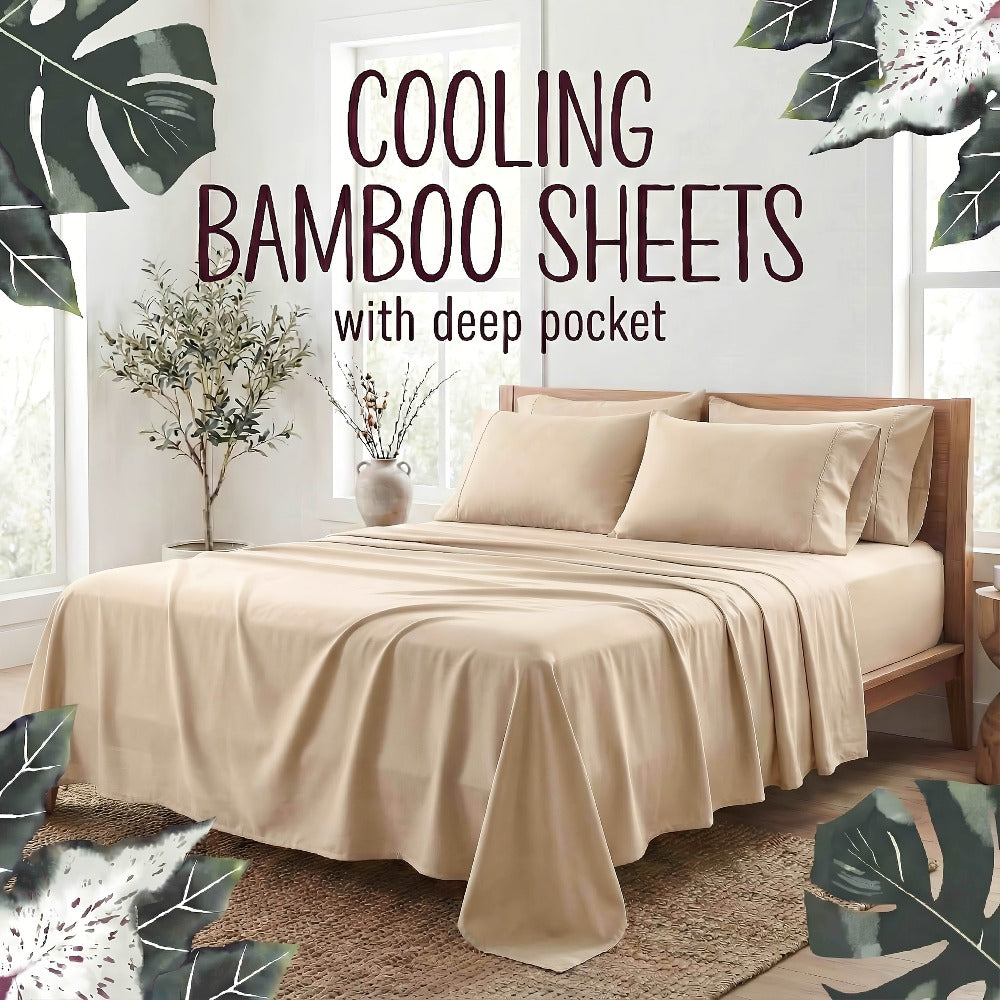 Bamboo Fiber Bed Sheet Set 4-Piece ¨C Cooling Sheets, Hypoallergenic, Deep Pocket Fitted Sheet, Wrinkle-Free Bedding for All Seasons, Twin Full Queen King