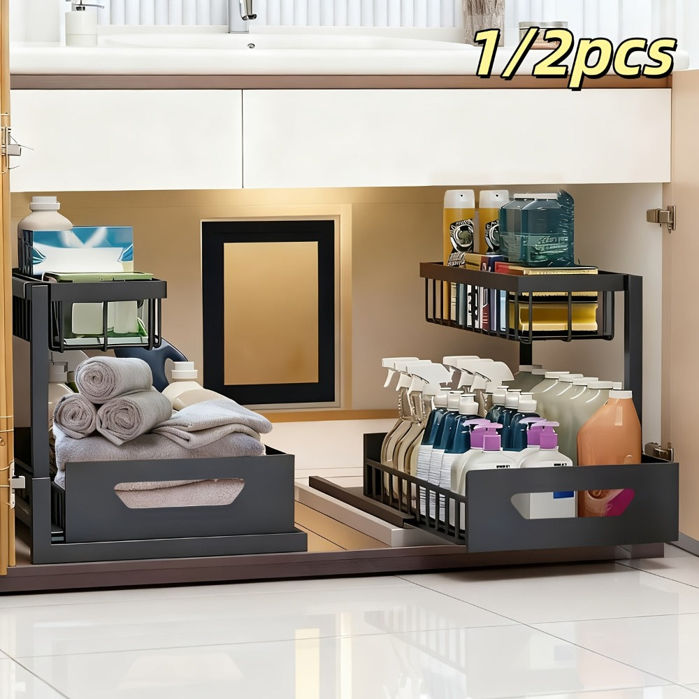 2-Tier Pull-Out Cabinet Organizer Metal Sliding Drawer, Kitchen Sink Storage Container for Bathroom Tabletop Study, Push-Pull Stackable Organizer for Kitchen Bathroom Cabinet