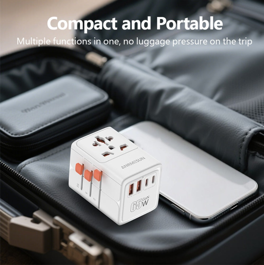65W Universal Travel Adapter with 4 USB Ports - 2 USB-C & 2 USB-A Fast Charging, US EU UK AU Plugs, 100-240V Input, Overload & Short Circuit Protection, 200+ Countries, White & Black