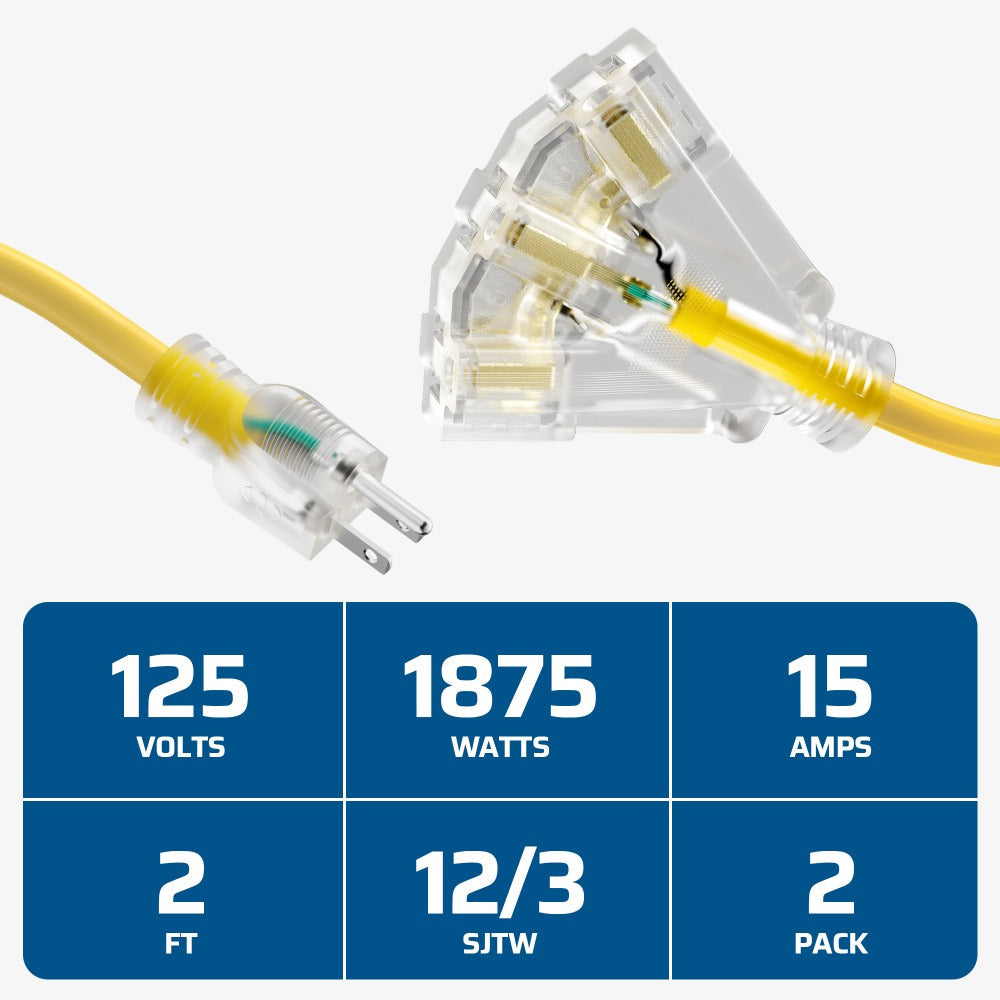 Heavy Duty Extension Cord Splitter Tri-Tap 2-Pack ¨C 15A SJTW Contractor Grade, LED Lighted Plug, 2ft Yellow Jacket for Outdoor & Job Site Use