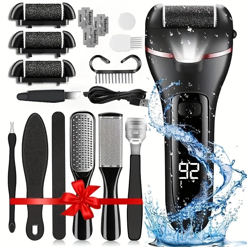 Electric Pedicure Foot File 10-in-1 Kit ¨C Rechargeable with Digital Display, 3 Roller Heads, Dead Skin & Hard Skin Remover for Men & Women
