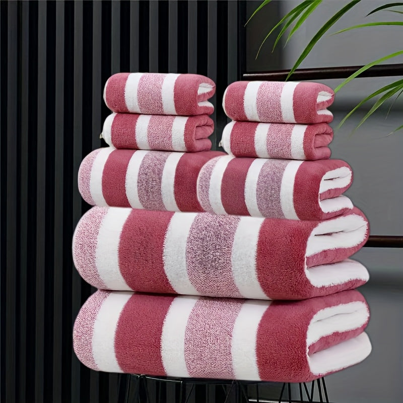 Towel Set 8 Piece Two-Color Striped - Super Absorbent Soft No Hair Loss Bath Towel Combo | 2 Bath Towels 2 Face Towels 4 Hand Towels | Grey Red Blue Green | Bathroom Family Hotel Spa Gift Set