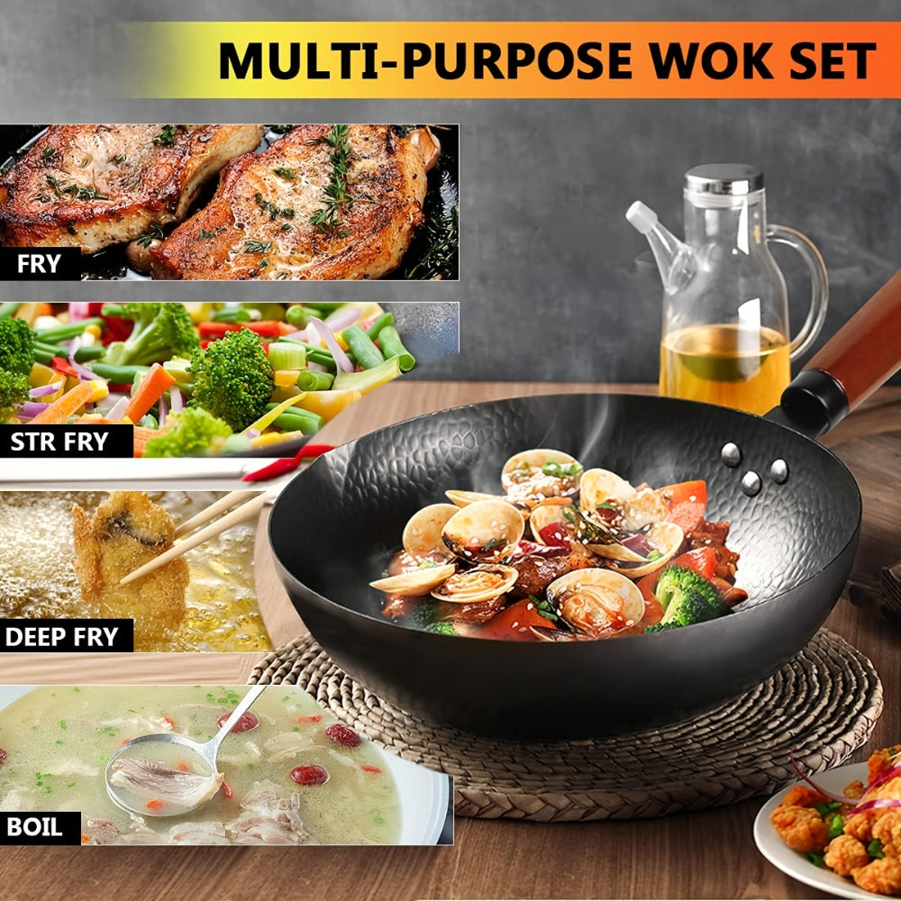 Carbon Steel Wok Set with Lid & Accessories ¨C 14-Piece Non-Stick Stir Fry Pan 12.6¡± for Gas Electric Induction All Stoves | Wok Pan with Spatula Brush Ring Utensils Kitchen Cooking Set
