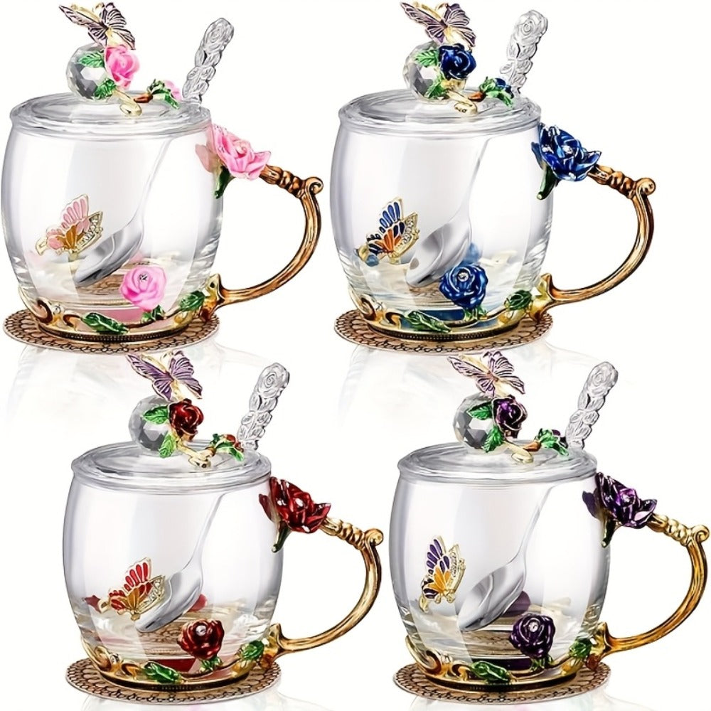 Flower Glass Tea Cups with Lids and Spoon 4 Sets Butterfly Vintage Floral Clear Glass Coffee Mugs 12oz Gift for Women Mom Wife Girlfriend Mother's Day Pink Purple Blue Red