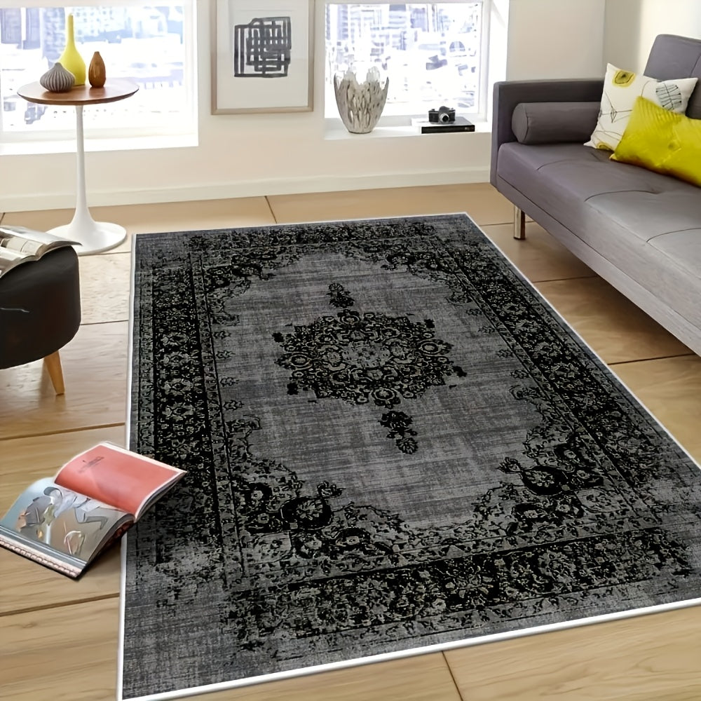 Velvet Floral Bohemian Area Rug - Low Pile Machine Washable Non-Slip Carpet for Living Room Bedroom Office Geometric Pattern