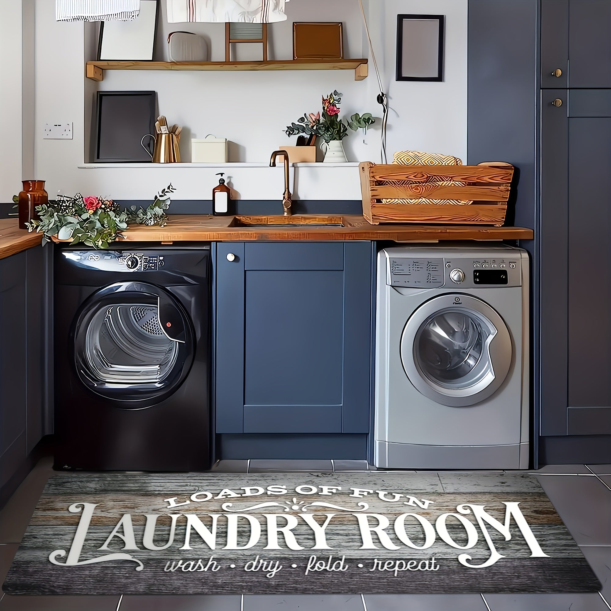 Farmhouse Laundry Room Runner Rug - Non-Slip Washable Retro Kitchen & Bathroom Mat | Anti-Slip Floor Runner for Laundry Room, Kitchen, Bathroom & Entryway | Boho Home Decor Accent Rug Multiple Sizes