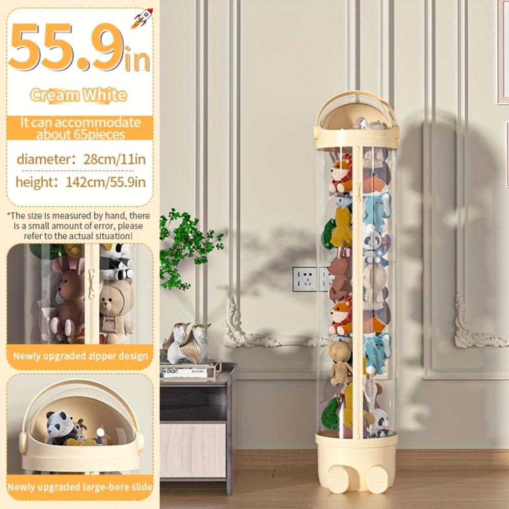 Stuffed Animal Storage Bin Transparent Cylindrical with Zipper ¨C Large Plush Toy Organizer for Kids Bedroom Living Room ¨C Clear Doll Storage Bag Easy Assembly