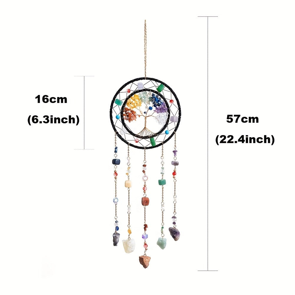 Crystal Wind Chime Suncatcher with Life Tree Pendant - Handmade Bohemian Shattered Stone Woven Hanging Decor for Outdoor Garden Window Porch, Christmas Wedding Birthday New Year Gift