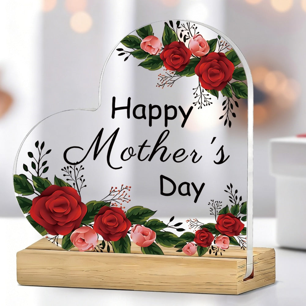 Mother's Day Heart-Shaped Acrylic Sign with Wooden Base | Floral Desktop Ornament for Home Living Room Bedroom | Heartwarming Mom Gift for Mother's Day Celebration Table Decor