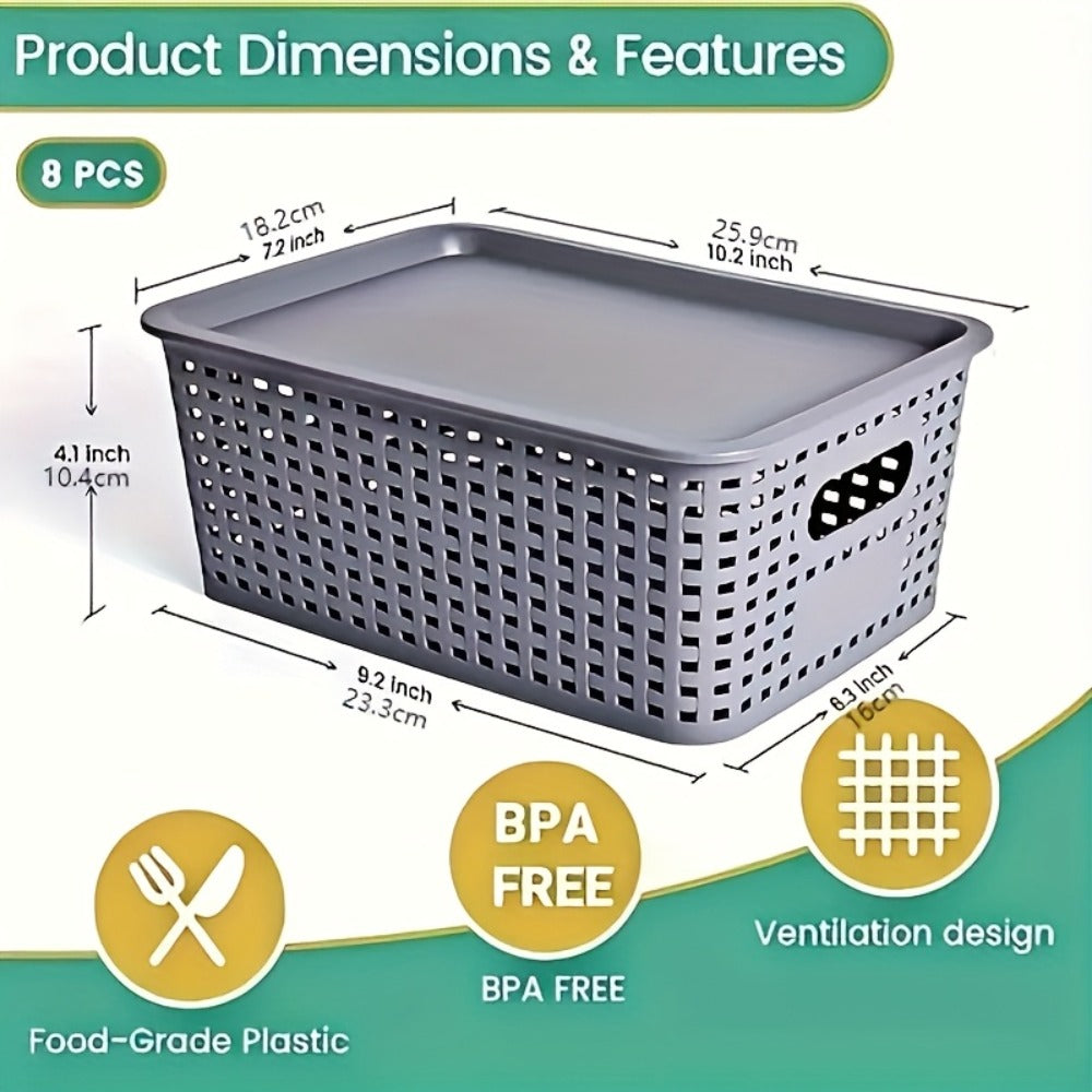 Storage Basket Set with Lids 8pcs ¨C Plastic Desktop Organizer Bins for Document Storage, Shelf Organization & Home Office ¨C Flip-Top Lid Baskets, White