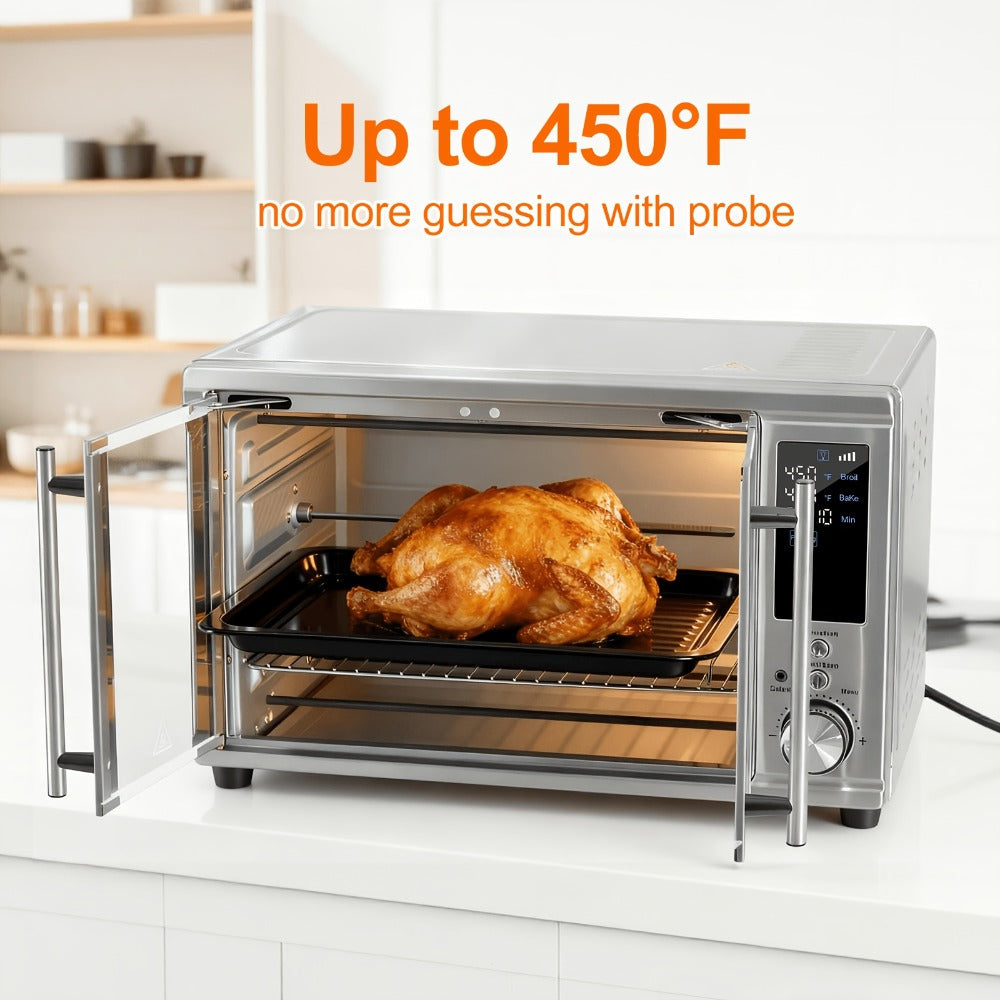 Air Fryer Toaster Oven Combo 29.6QT XL with Smart Probe, 12-in-1 Digital Countertop Oven, Stainless Steel, 7 Accessories, Rotisserie, 450¡ãF Rapid Heat, Large Family Size