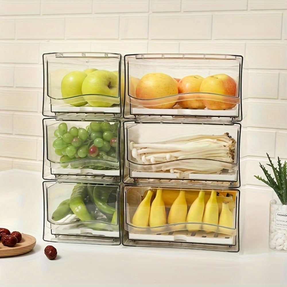 Stackable Fridge Organizer Bins with Drain Board 2 Pack, BPA-Free Refrigerator Drawer Organizer for Produce Fruit Vegetable, Reusable Food Storage Containers for Kitchen