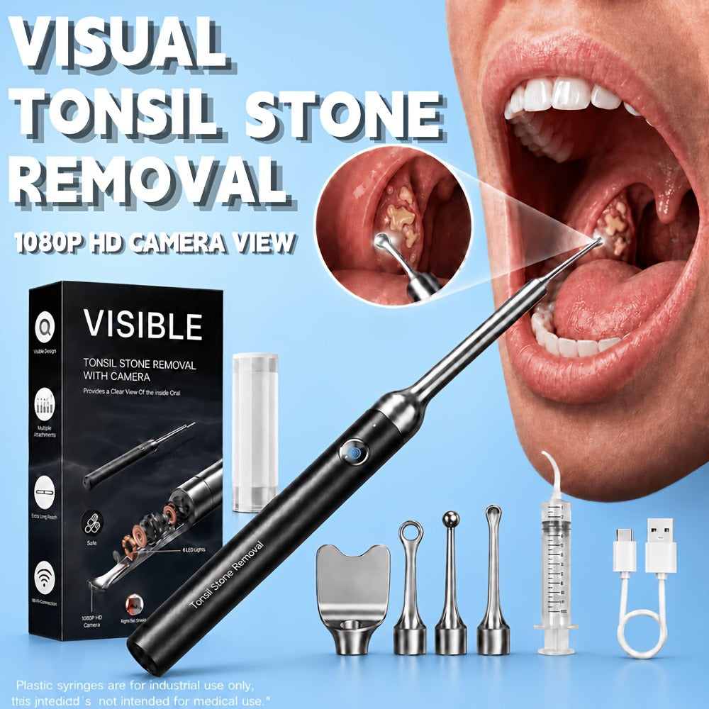 Tonsil Stone Remover with Camera - 1080P HD Visual Tonsil Stone Removal Tool with LED Light, 5-in-1 Stainless Steel Tips, Wi-Fi App Control, USB-C Rechargeable, Compatible with iOS & Android