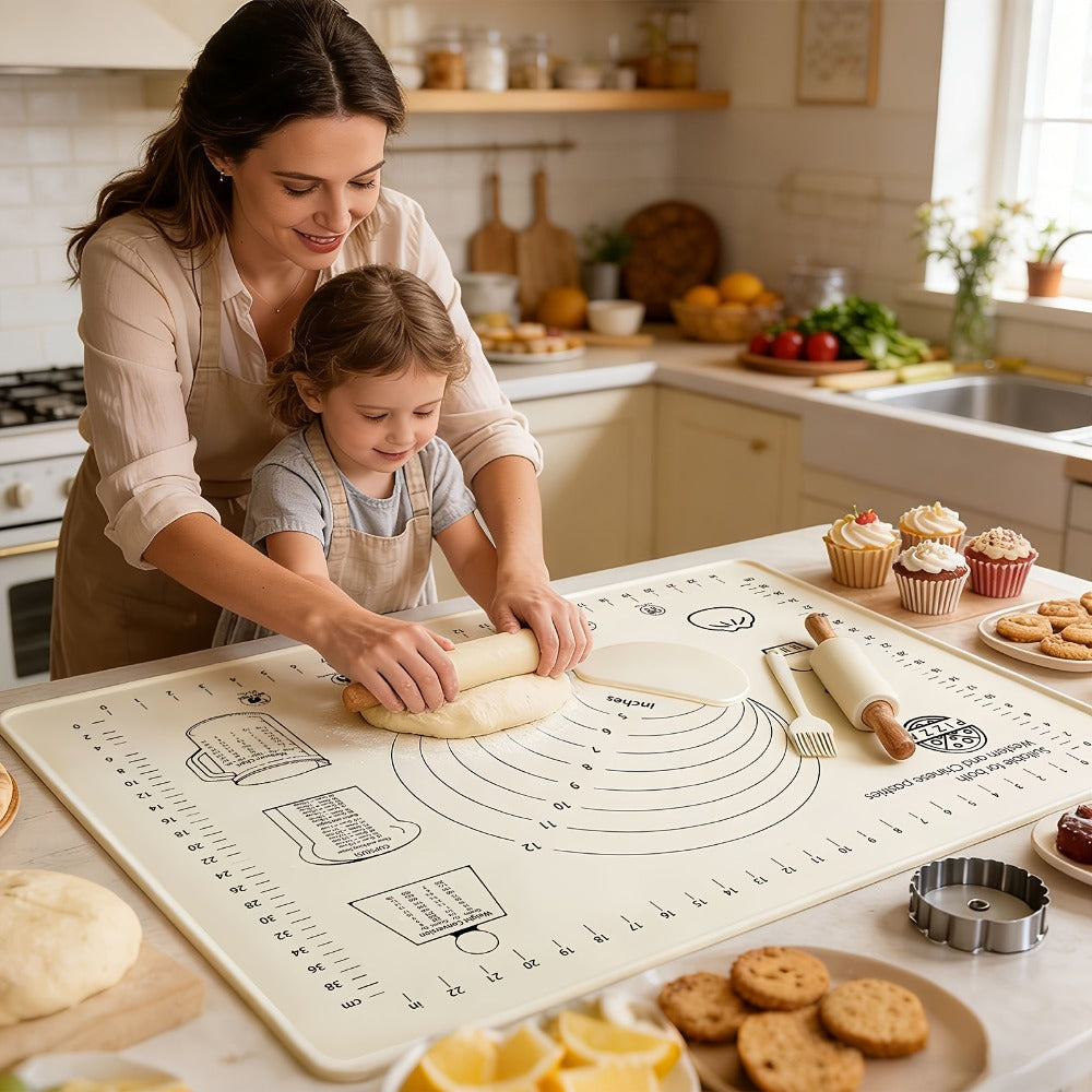 Silicone Baking Mat Set 4pcs, Extra Thick Non-Stick Pastry Mat with Measurement Scales, Non-Slip Dough Kneading Mat, Includes Rolling Pin, Dough Scraper and Storage Bag, Reusable Kitchen Baking Tools