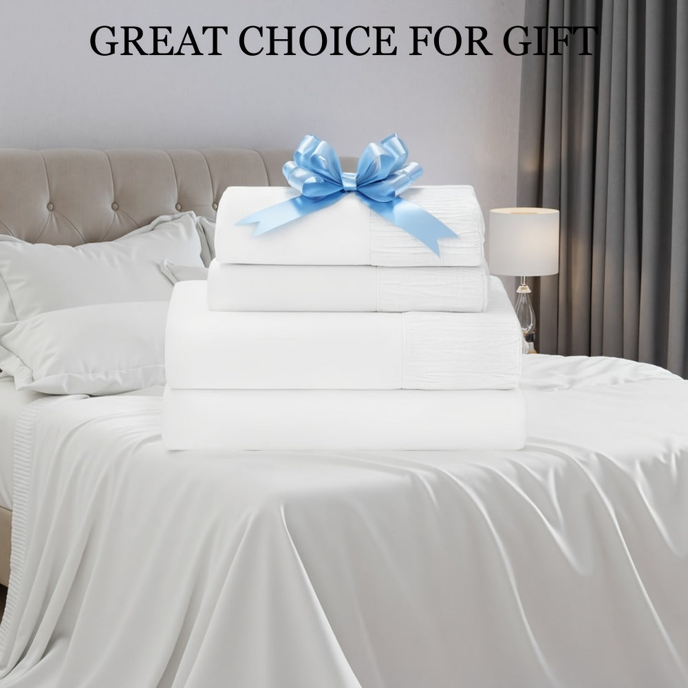 Bed Sheet Set 4-Piece Soft Breathable Cooling Sheets - Flat Sheet, Fitted Sheet & 2 Pillowcases, Wrinkle-Free Hotel Luxury Bedding, All Season Comfort