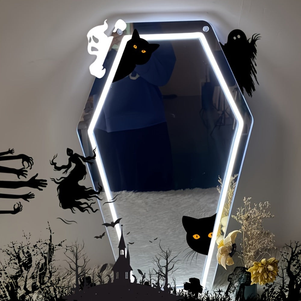 Gothic Coffin Shaped Neon Wall Mirror USB Powered LED Neon Light Mirror Irregular Decorative Art Mirror for Dark Gothic Aesthetic Bedroom Wall Decor Halloween Gift Cold White