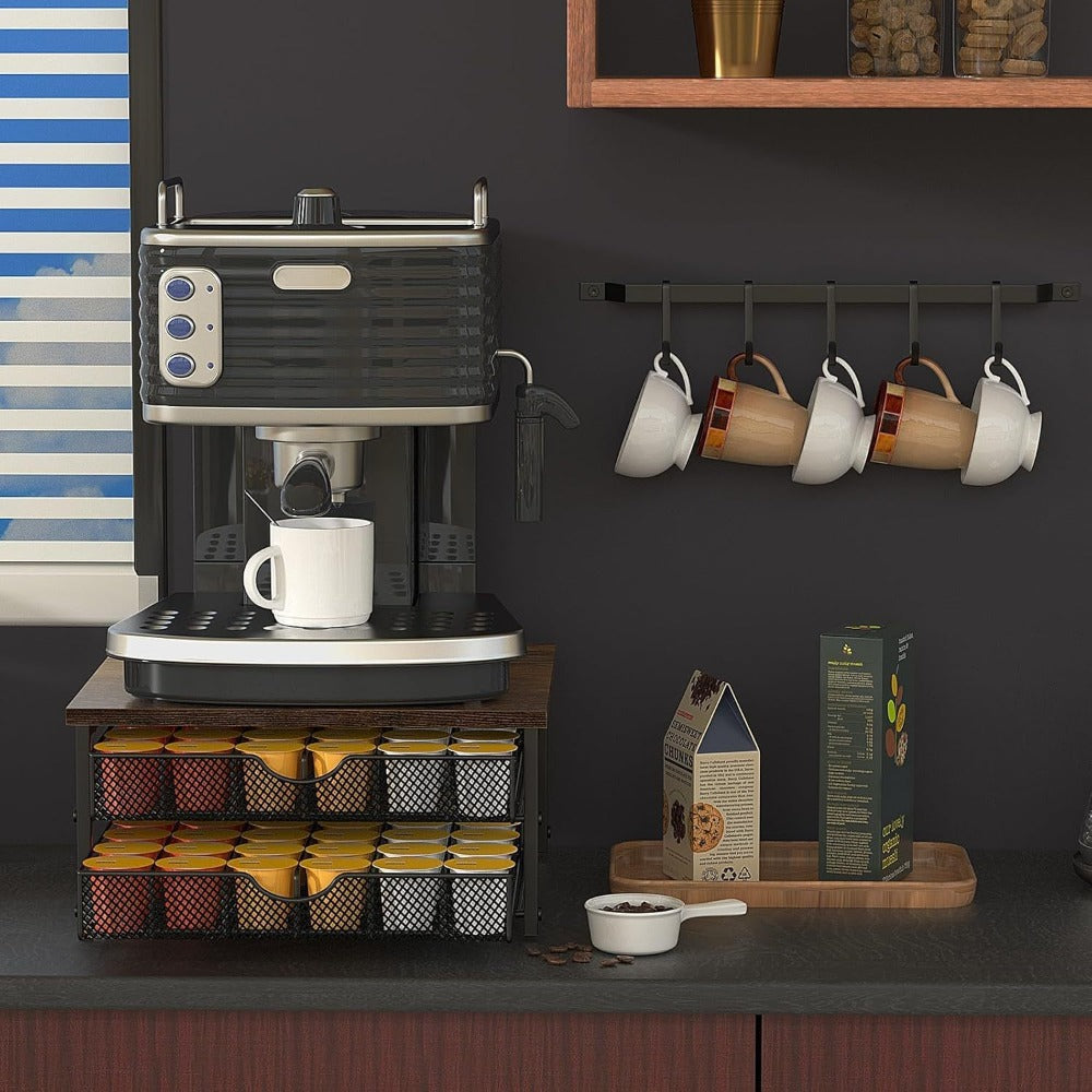 K-Cup Coffee Pod Holder 72 Capacity ¨C 2-Tier Sliding Drawer Coffee Pod Organizer with Wood Top & Metal Frame, Non-Slip Base, Stackable Countertop Storage for Home, Office & Cafe ¨C Silver