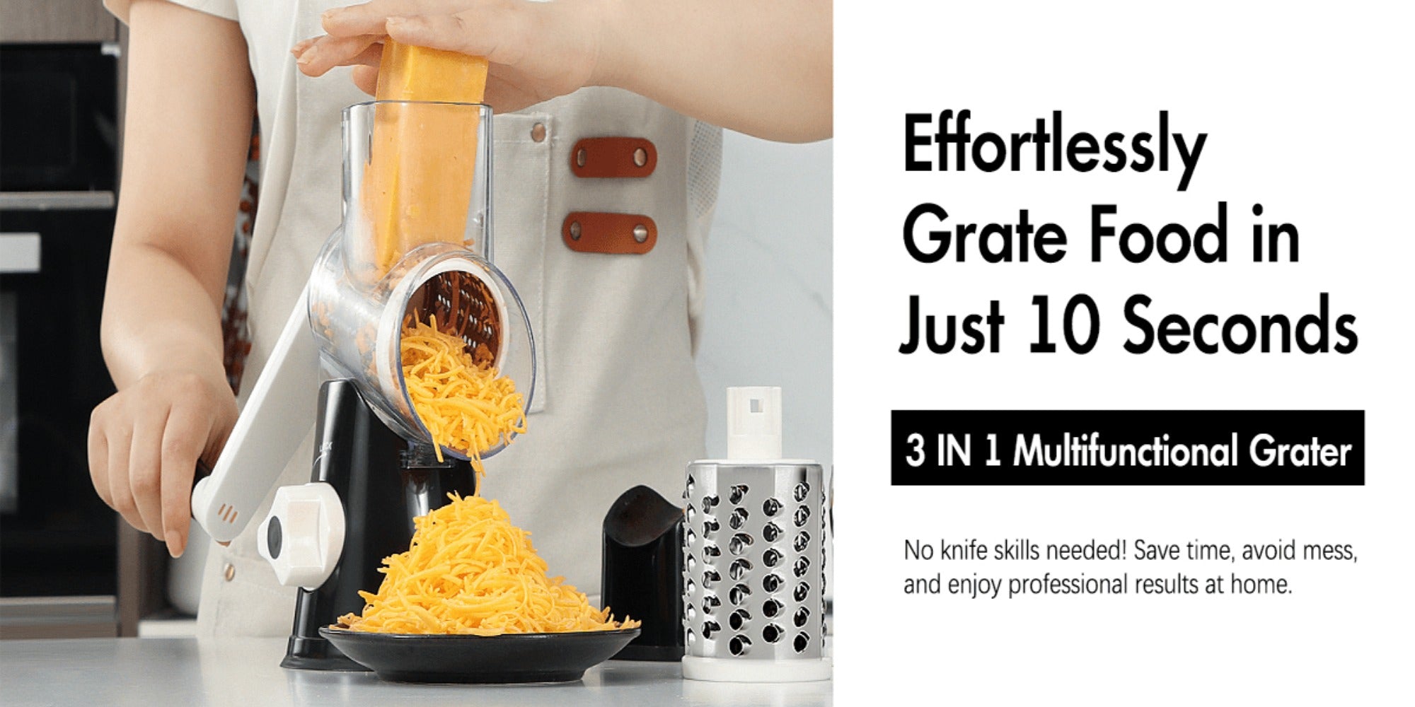 Rotary Cheese Grater ¨C Stainless Steel Hand Crank Shredder with 3 Interchangeable Blades, Non-Slip Suction Base & Cleaning Brush, BPA-Free Vegetable Grater for Cheese, Nuts & Vegetables