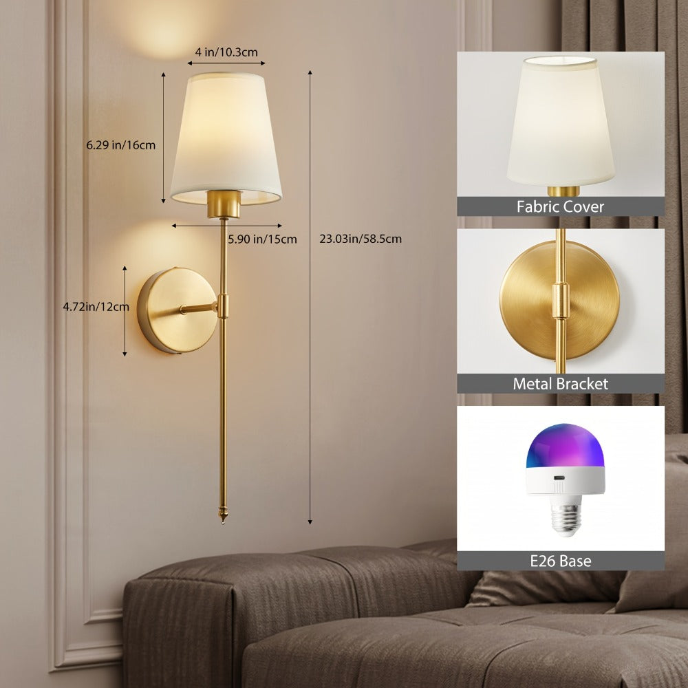Rechargeable Wall Sconce 2-Pack RGB ¨C 15-Color Dimmable LED Wall Light with Remote Control, 5200mAh Battery, No Wiring for Bedroom, Living Room, Kitchen & Corridor (Gold / Black)