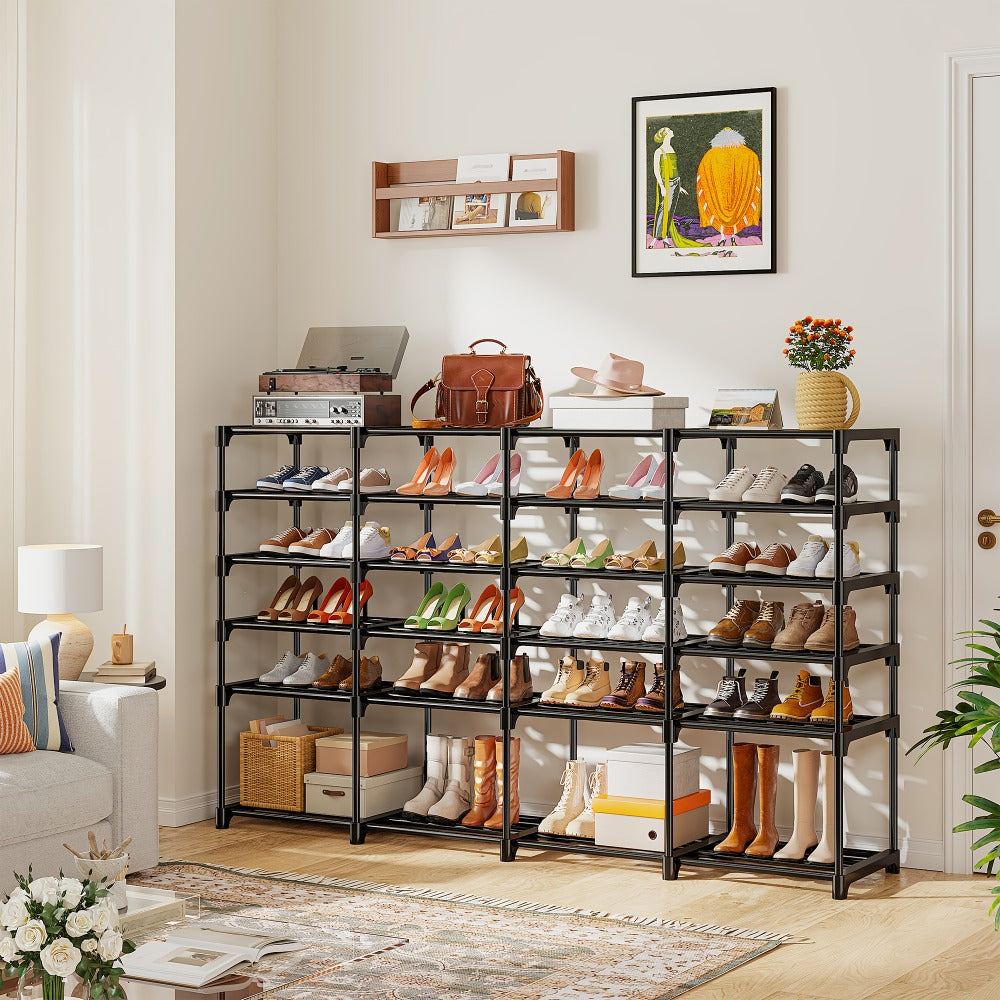 Large Metal Shoe Rack 4-Row 9-Tier Freestanding Shoe Organizer for Entryway Bedroom Hallway | 64-Pair Capacity Shoe Tower with Golden Tubes DIY Adjustable Shelves Space-Saving Vertical Shoe Storage