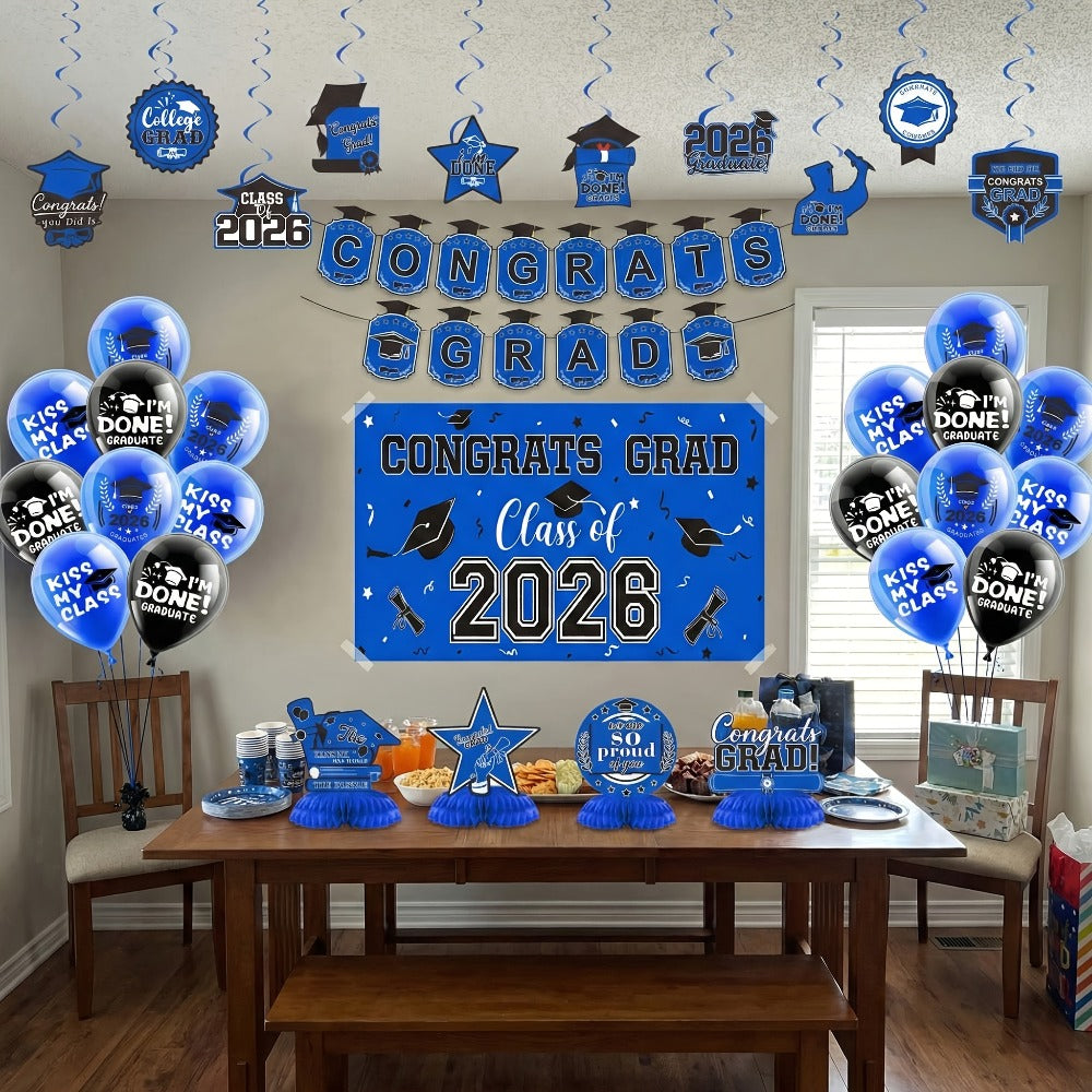 2026 Graduation Decorations Set ¨C Congrats Grad Banner, Backdrop, Hanging Swirls & Honeycomb Table Toppers, Class of 2026 Party Supplies Kit