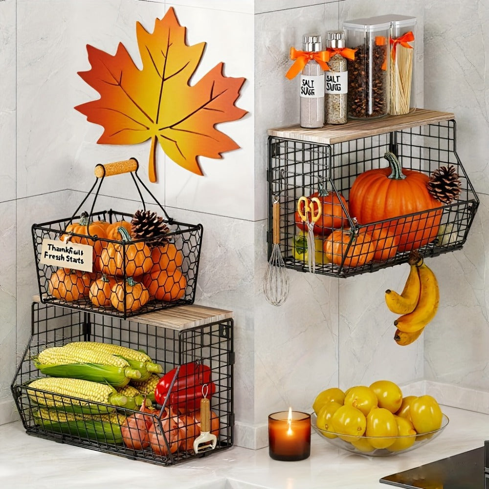 Stackable Metal Wire Fruit Basket with Lid ¨C 1 or 2-Tier Hanging Kitchen Pantry Storage Bin, Wall-Mounted or Countertop Vegetable Organizer for Potato, Onion & Produce, Black