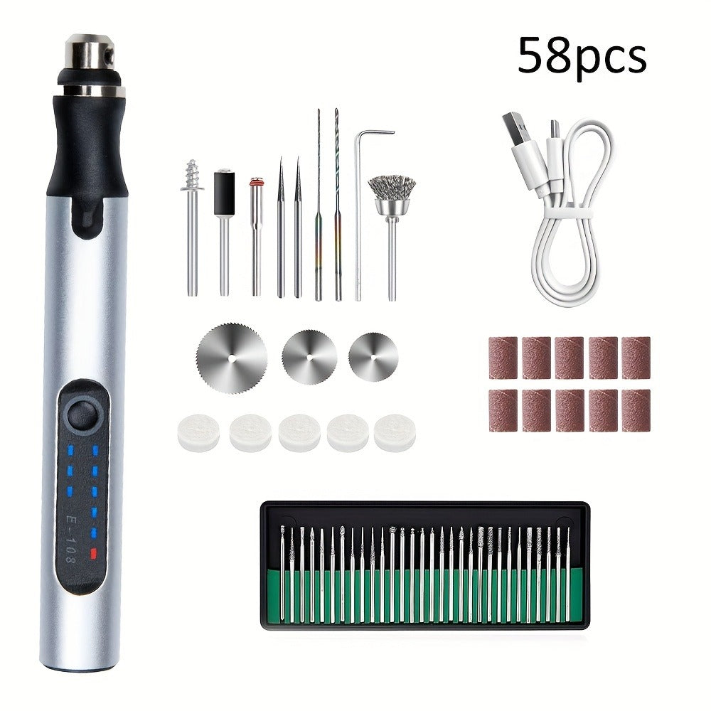 Mini Rotary Tool Kit - Wireless USB Rechargeable Micro Drill Carving Pen for Cutting, Carving, Drilling, Polishing & Buffing (58/74/83 Pcs)