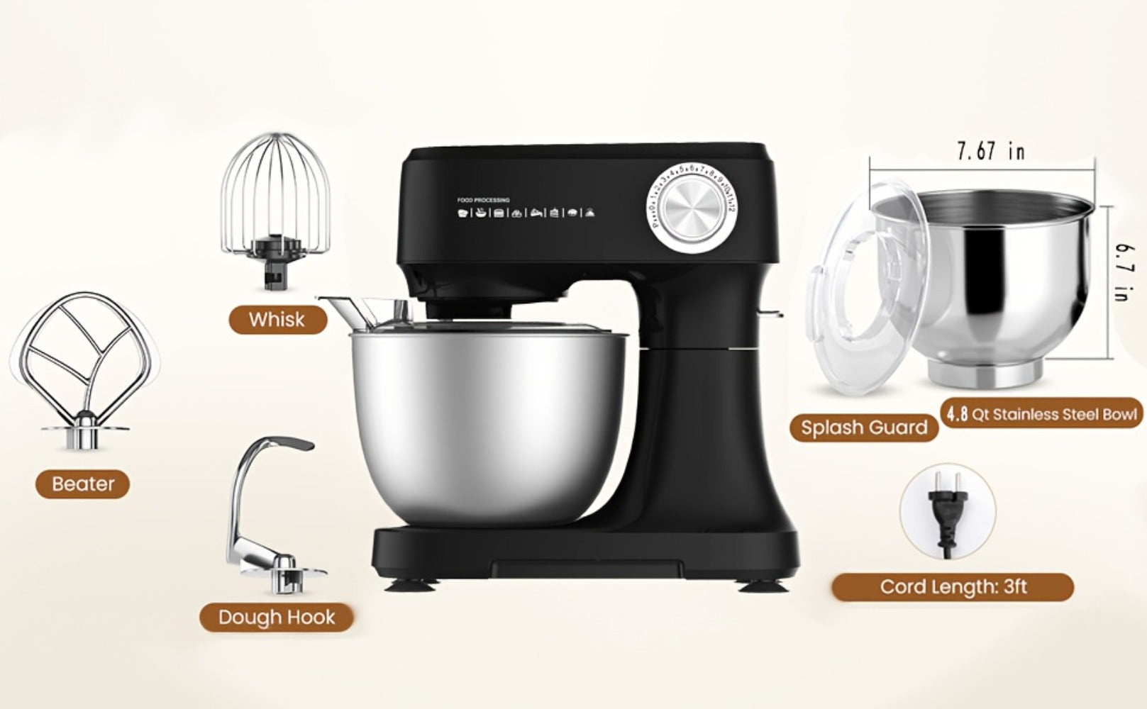 Electric Food Mixer 4.8 Qt 12-Speed Portable Lightweight Stand Mixer for Daily Baking with Egg Whisk Dough Hook Flat Beater Kitchen Tilt-Head Mixer