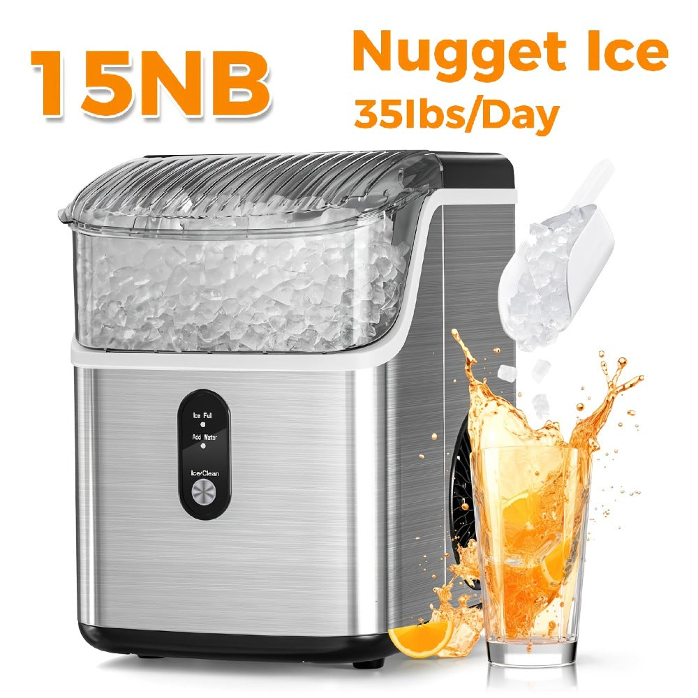 Countertop Nugget Ice Maker 35lbs in 24hrs, Self-Cleaning Portable Ice Machine with Ice Scoop & Basket, Stainless Steel, for Home Kitchen Office Camping RV Bar