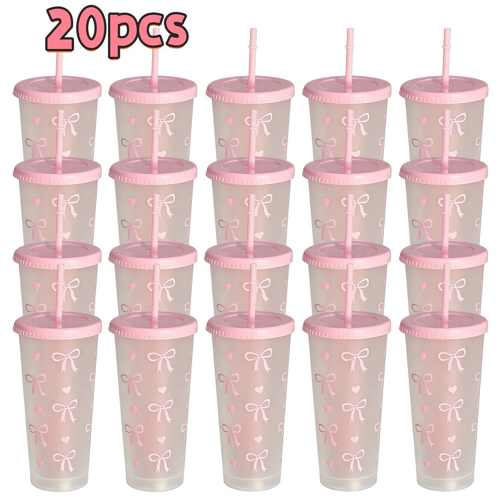 Reusable Party Cups 24 oz with Lids Straws and Dust Covers - BPA Free PP Plastic Tumblers Bulk Set 10 or 20 Pack for Parties Camping Office Gifts Pink Blue