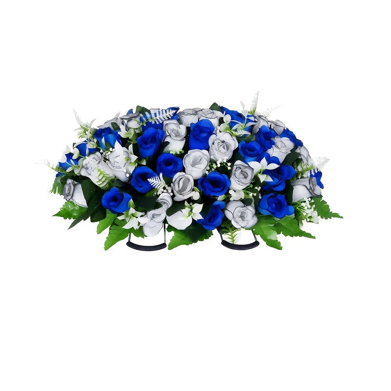 Artificial Cemetery Flowers for Grave with Saddle, Silk Rose Bouquet Headstone Decoration, Memorial Day Grave Flowers, Outdoor Grave Marker Floral Arrangement, 1/2/3 PCS