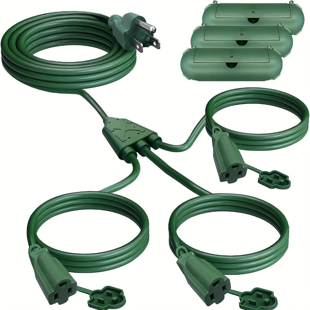 Extension Cord Splitter 1 to 3 Outlets 25FT 50FT 16/3 SJTW Pure Copper Core UV-Resistant PVC Jacket 3 Grounded Outlets for Holiday Decoration Christmas Lights Outdoor Indoor Patio Garden Black Green