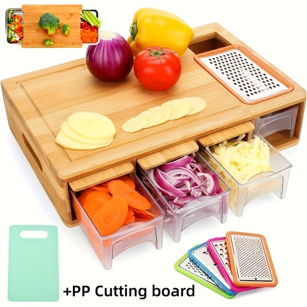 Bamboo Cutting Board with Trays & Drawers ¨C Large Butcher Block Chopping Board with Food Sliding Opening, Stackable Airtight Storage Trays & Bamboo Lids ¨C Kitchen Carving Board Gift for Home Cooks